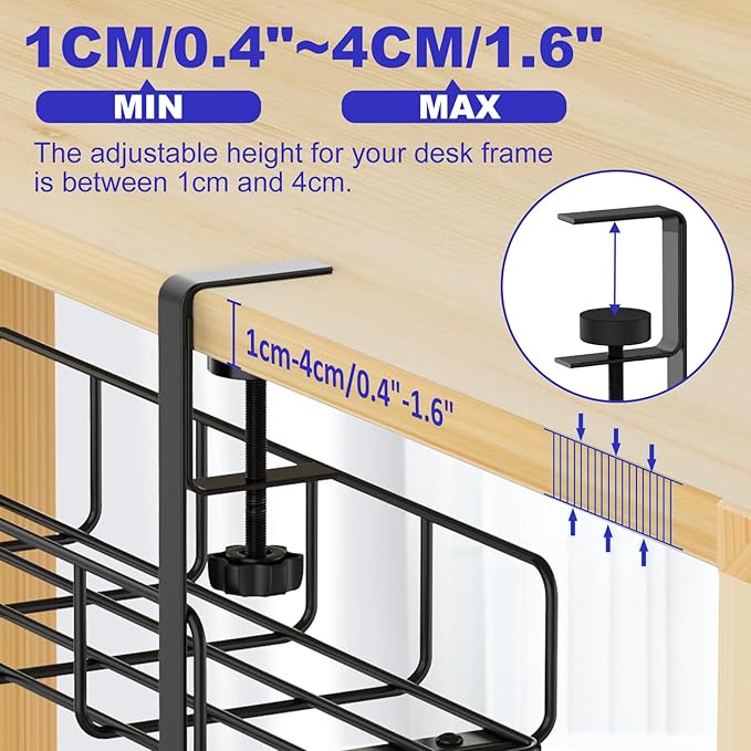 15.7” Under Desk Cable Management Tray, No Drill Steel Cable Tray Organizers, Wire Management Tray Cable Rack with Clamp Mount, Metal Under Desk Tray with Wire and Cord Organizer (Black, 1 Pack) | Cable Raceways - TrueDesk