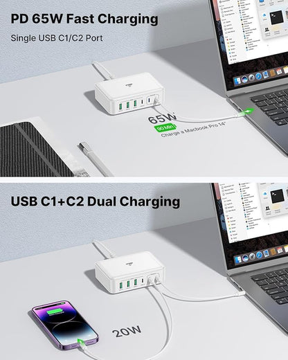 165W USB C Charger Block, 6 Port Multi USB - C Charging Station,65W PD Fast USBC Gan Charger Station Hub Dock for Multiple Devices, Laptop Type C Charge for MacBook/iPhone 16/iPad/Galaxy S25(5FT Cord) | Wall Chargers - TrueDesk