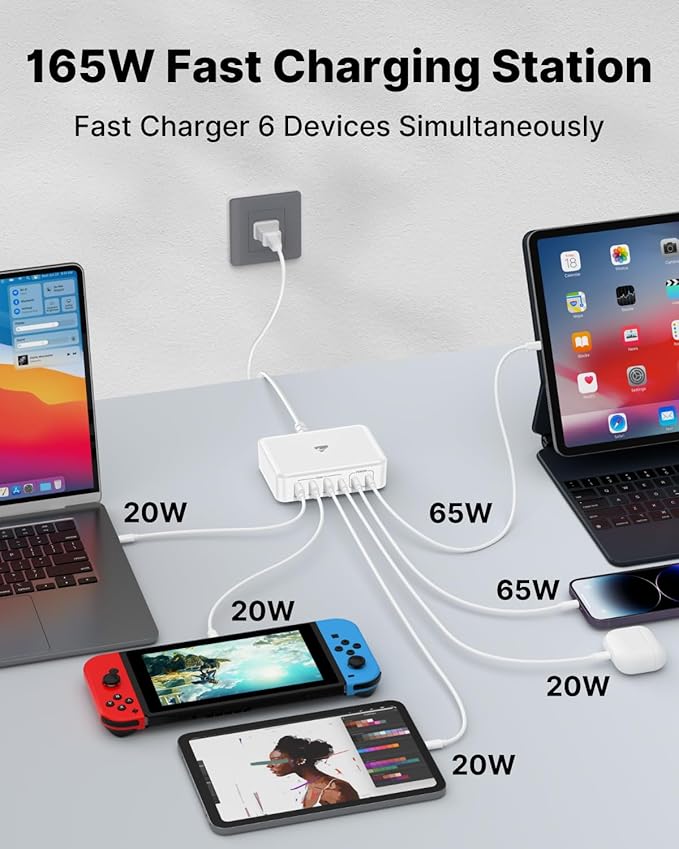 165W USB C Charger Block, 6 Port Multi USB - C Charging Station,65W PD Fast USBC Gan Charger Station Hub Dock for Multiple Devices, Laptop Type C Charge for MacBook/iPhone 16/iPad/Galaxy S25(5FT Cord) | Wall Chargers - TrueDesk