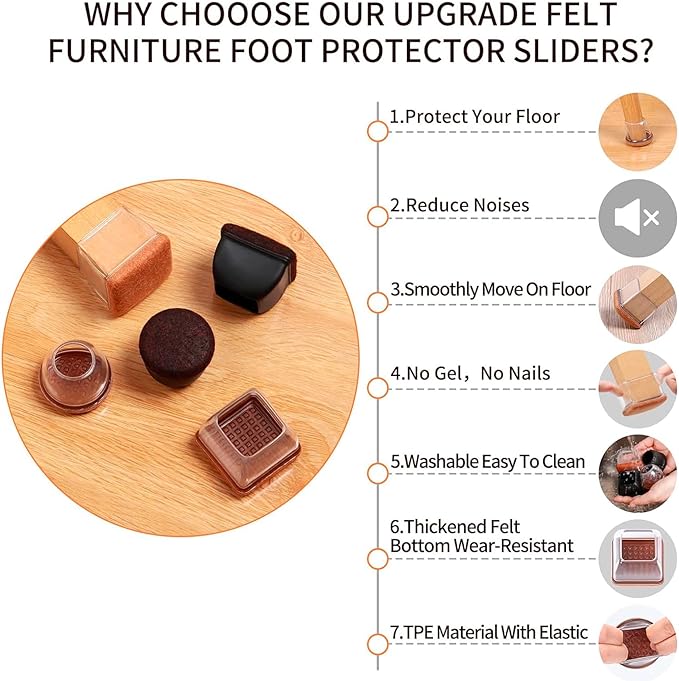 16PCS Extra Large Chair Leg Floor Protectors, Felt Furniture Pads for Hardwood Floors, Square Black Sofa Bed Dining Table Chair Leg Covers to Protect Floors and Prevent Scratches & Noise(Fit:1.5" - 2") | Furniture Cups - TrueDesk