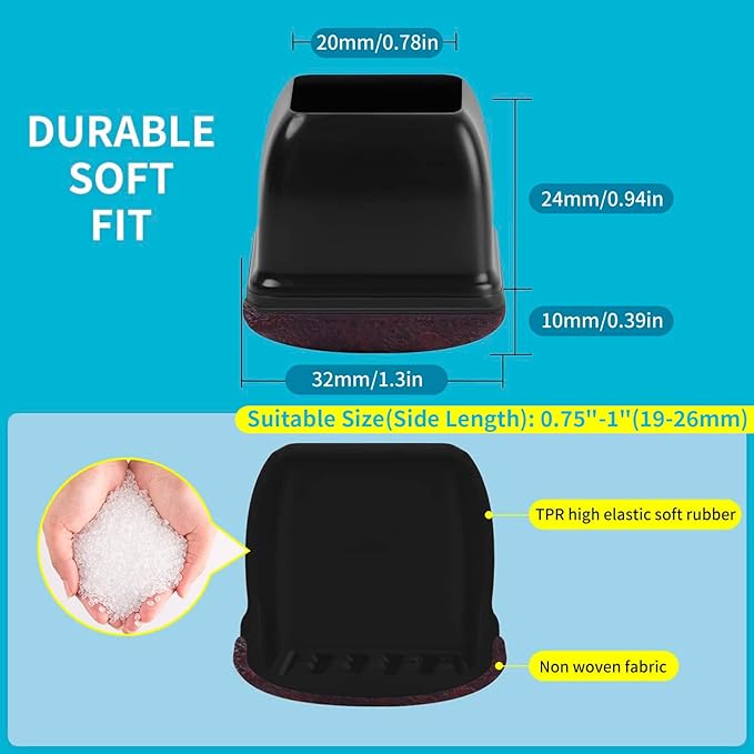 16PCS Silicone Chair Leg Caps, Chair Leg Floor Protectors for Hardwood Floors, Square Felt Chair Pads, Barstool Desk Black Furniture Feet Floor Protectors, Anti - Scratches, Reduce Noise(Fit: 0.75" - 1") | Furniture Cups - TrueDesk