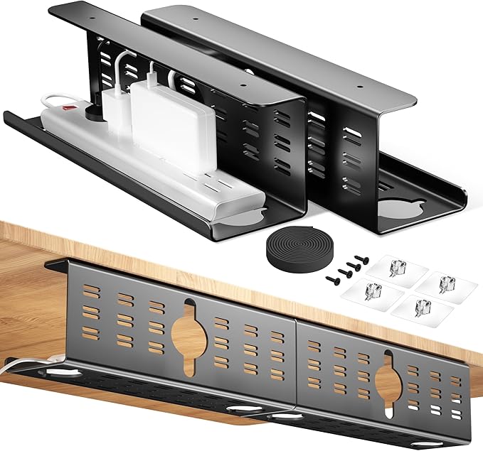 2 Pack Cable Management Under Desk Black, Cinati 32" Large Cable Management Tray, Under Desk Alloy Steel Wire Organizers, Cord Hider Tray for Office and Home - Tape or Screw Installation | Racks Cabinets - TrueDesk