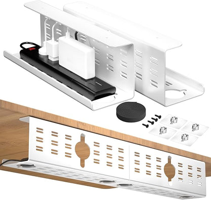 2 Pack Cable Management Under Desk White, Cinati 32" Large Cable Management Tray, Under Desk Alloy Steel Wire Organizers, Cord Hider Tray for Office and Home - Tape or Screw Installation | Racks Cabinets - TrueDesk