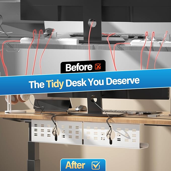2 Pack Cable Management Under Desk White, Cinati 32" Large Cable Management Tray, Under Desk Alloy Steel Wire Organizers, Cord Hider Tray for Office and Home - Tape or Screw Installation | Racks Cabinets - TrueDesk