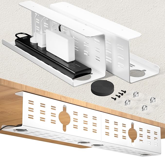 2 Pack Cable Management Under Desk White, Cinati 32" Large Cable Management Tray, Under Desk Alloy Steel Wire Organizers, Cord Hider Tray for Office and Home - Tape or Screw Installation | Racks Cabinets - TrueDesk