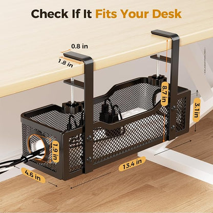 2 Pack Under Desk Cable Management Box Black, Cinati 26.8" Wire Organizers No Drill, Cord Organization Tray with Clamp for Office, Home - No Damage to Desk | Cable Raceways - TrueDesk