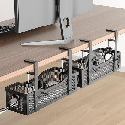 2 Pack Under Desk Cable Management Box Black, Cinati 26.8" Wire Organizers No Drill, Cord Organization Tray with Clamp for Office, Home - No Damage to Desk | Cable Raceways - TrueDesk