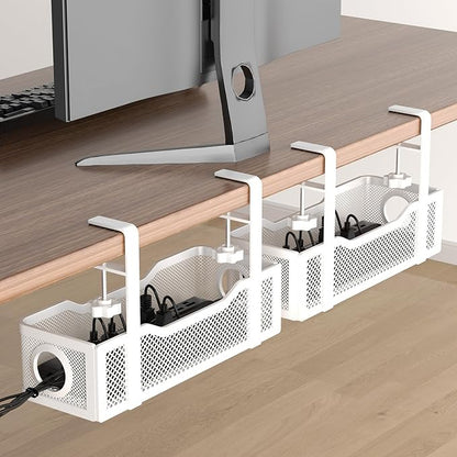 2 Pack Under Desk Cable Management Box White, Cinati 26.8" Wire Organizers No Drill, Cord Organization Tray with Clamp for Office, Home - No Damage to Desk | Cable Raceways - TrueDesk