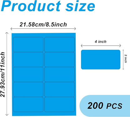2" x 4" Colored Address Labels, 200 Bright Blue Label Stickers - Laser/Ink Jet Printer Mailing Labels, 8.5"x11" 20 per Sheet | Laser Inkjet Printer Labels - TrueDesk