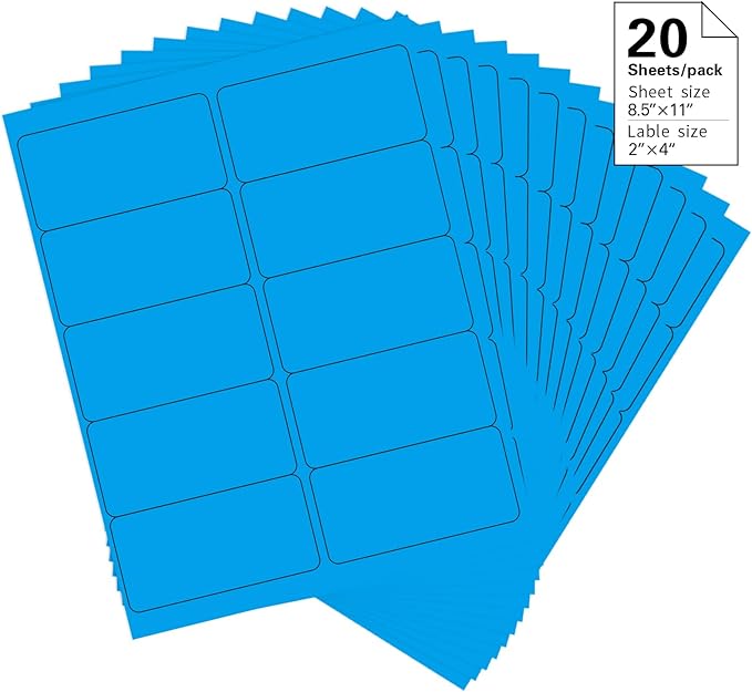 2" x 4" Colored Address Labels, 200 Bright Blue Label Stickers - Laser/Ink Jet Printer Mailing Labels, 8.5"x11" 20 per Sheet | Laser Inkjet Printer Labels - TrueDesk