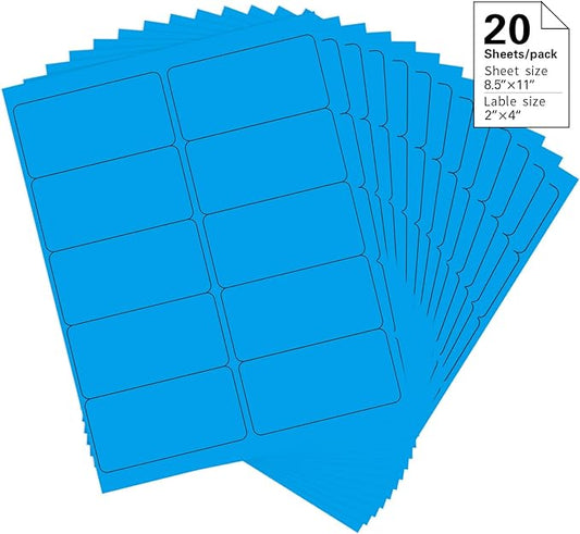 2" x 4" Colored Address Labels, 200 Bright Blue Label Stickers - Laser/Ink Jet Printer Mailing Labels, 8.5"x11" 20 per Sheet | Laser Inkjet Printer Labels - TrueDesk