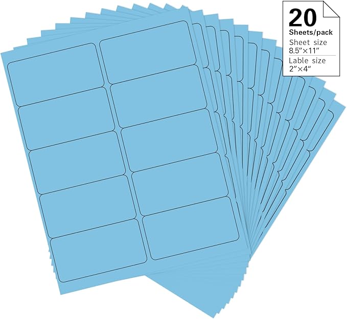 2" x 4" Colored Address Labels, 200 Bright Lake Blue Label Stickers - Laser/Ink Jet Printer Mailing Labels, 8.5"x11" 20 per Sheet | Laser Inkjet Printer Labels - TrueDesk