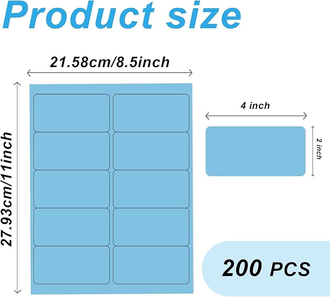 2" x 4" Colored Address Labels, 200 Bright Lake Blue Label Stickers - Laser/Ink Jet Printer Mailing Labels, 8.5"x11" 20 per Sheet | Laser Inkjet Printer Labels - TrueDesk