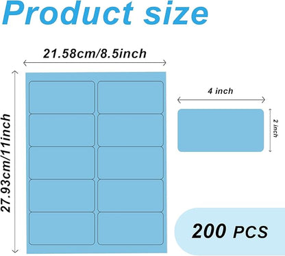 2" x 4" Colored Address Labels, 200 Bright Lake Blue Label Stickers - Laser/Ink Jet Printer Mailing Labels, 8.5"x11" 20 per Sheet | Laser Inkjet Printer Labels - TrueDesk