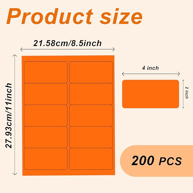 2" x 4" Colored Address Labels, 200 Bright Orange Label Stickers - Laser/Ink Jet Printer Mailing Labels, 8.5"x11" 20 per Sheet | Laser Inkjet Printer Labels - TrueDesk