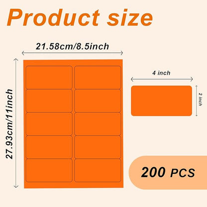 2" x 4" Colored Address Labels, 200 Bright Orange Label Stickers - Laser/Ink Jet Printer Mailing Labels, 8.5"x11" 20 per Sheet | Laser Inkjet Printer Labels - TrueDesk