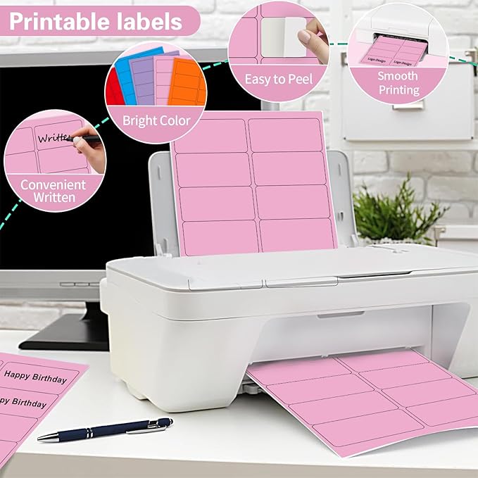 2" x 4" Colored Address Labels, 200 Bright Pink Label Stickers - Laser/Ink Jet Printer Mailing Labels, 8.5"x11" 20 per Sheet | Laser Inkjet Printer Labels - TrueDesk