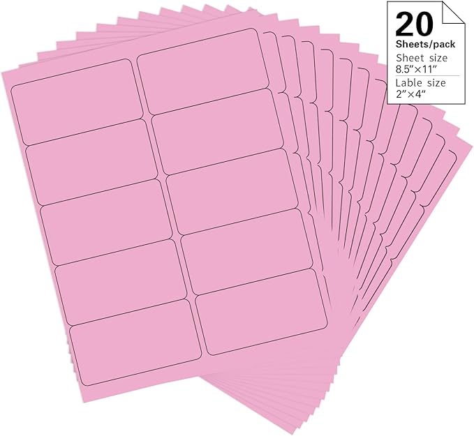 2" x 4" Colored Address Labels, 200 Bright Pink Label Stickers - Laser/Ink Jet Printer Mailing Labels, 8.5"x11" 20 per Sheet | Laser Inkjet Printer Labels - TrueDesk