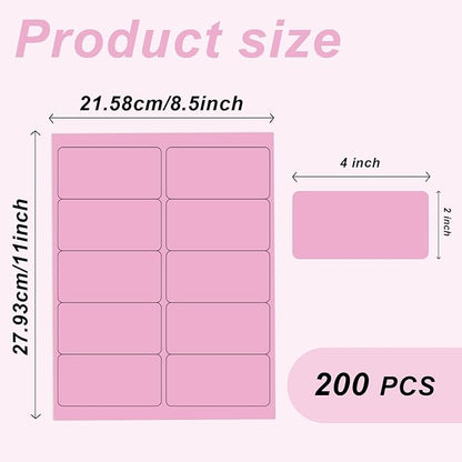 2" x 4" Colored Address Labels, 200 Bright Pink Label Stickers - Laser/Ink Jet Printer Mailing Labels, 8.5"x11" 20 per Sheet | Laser Inkjet Printer Labels - TrueDesk
