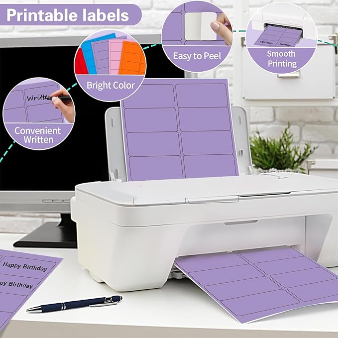2" x 4" Colored Address Labels, 200 Bright Purple Label Stickers - Laser/Ink Jet Printer Mailing Labels, 8.5"x11" 20 per Sheet | Laser Inkjet Printer Labels - TrueDesk