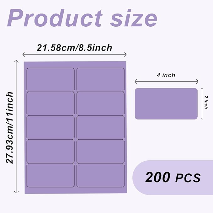 2" x 4" Colored Address Labels, 200 Bright Purple Label Stickers - Laser/Ink Jet Printer Mailing Labels, 8.5"x11" 20 per Sheet | Laser Inkjet Printer Labels - TrueDesk