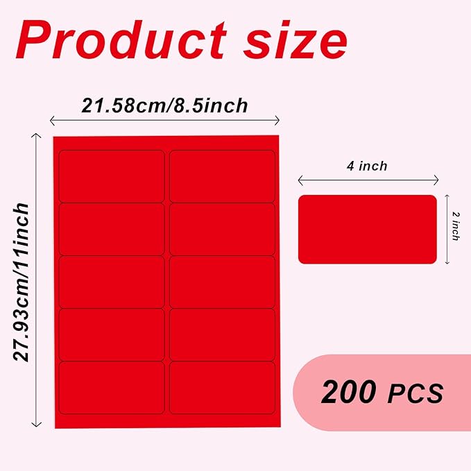 2" x 4" Colored Address Labels, 200 Bright Red Label Stickers - Laser/Ink Jet Printer Mailing Labels, 8.5"x11" 20 per Sheet | Laser Inkjet Printer Labels - TrueDesk