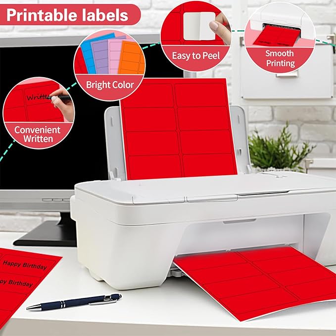 2" x 4" Colored Address Labels, 200 Bright Red Label Stickers - Laser/Ink Jet Printer Mailing Labels, 8.5"x11" 20 per Sheet | Laser Inkjet Printer Labels - TrueDesk