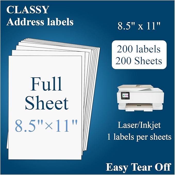 (200 Sheets, 200 Labels) Sticker Paper, Full Sheet Shipping Labels 8.5 x 11, Self Adhesive Full Sheet Mailing Label for Laser and Inkjet Printers | Laser Inkjet Printer Labels - TrueDesk