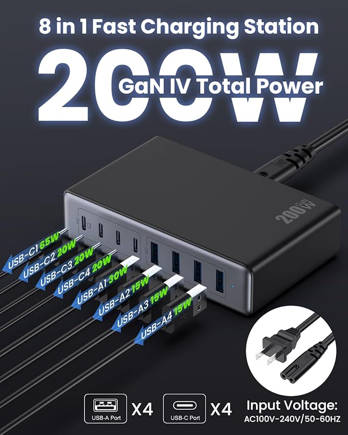 200W USB C Charger Block,GaN IV Charging Station 8 Ports,QC4.0 Fast Charging Station Hub+PD 65W USB C Laptop Charger Adapter Compatible with MacBook Air/Pro,DELL,iPhone 17/16/15,iPad,Steam Deck - Black | Wall Chargers - TrueDesk