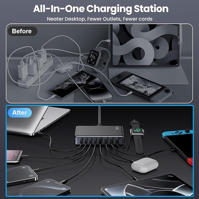 200W USB C Charger Block,GaN IV Charging Station 8 Ports,QC4.0 Fast Charging Station Hub+PD 65W USB C Laptop Charger Adapter Compatible with MacBook Air/Pro,DELL,iPhone 17/16/15,iPad,Steam Deck - Black | Wall Chargers - TrueDesk