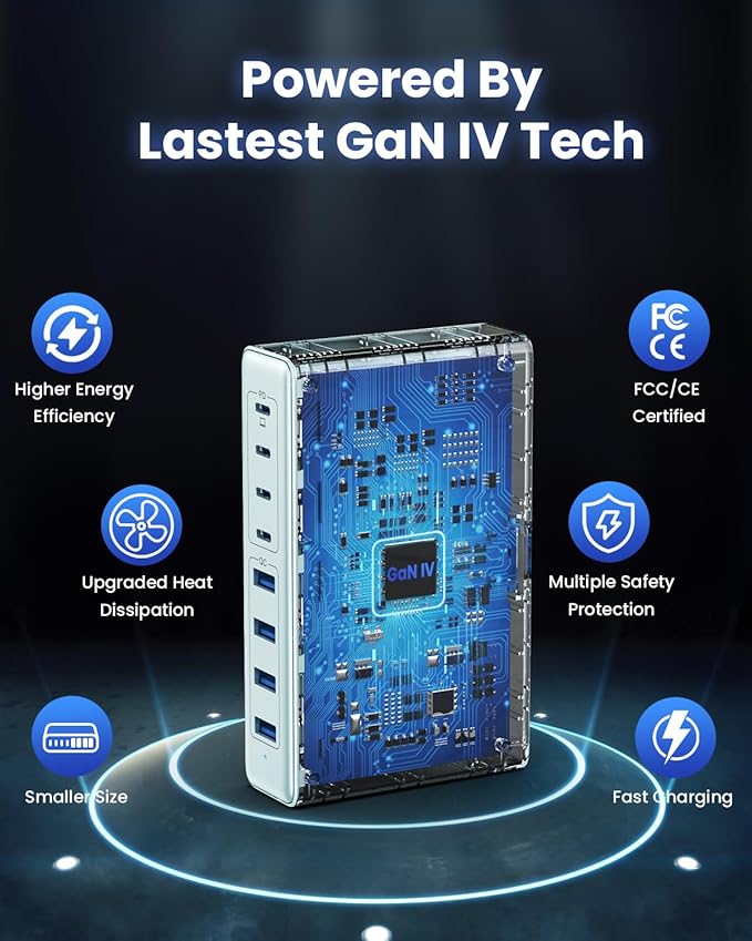 200W USB C Charger Block,GaN IV Charging Station 8 Ports,QC4.0 Fast Charging Station Hub+PD 65W USB C Laptop Charger Adapter Compatible with MacBook Air/Pro,DELL,iPhone 17/16,iPad,Steam Deck - Sky Blue | Wall Chargers - TrueDesk