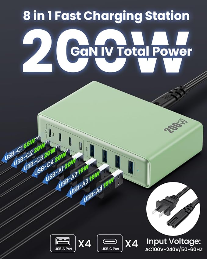 200W USB C Charger Block,GaN IV Charging Station 8 Ports,QC4.0 Fast Charging Station Hub+PD 65W USB C Laptop Charger Adapter Compatible with MacBook Air/Pro,DELL,iPhone 17/16/15,iPad,Steam Deck - Green | Wall Chargers - TrueDesk