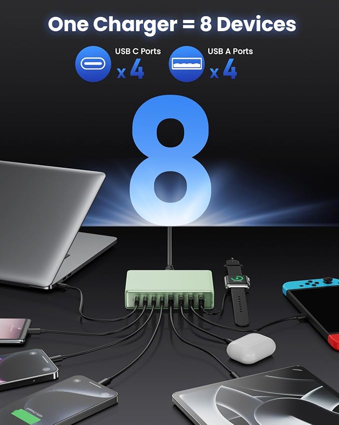 200W USB C Charger Block,GaN IV Charging Station 8 Ports,QC4.0 Fast Charging Station Hub+PD 65W USB C Laptop Charger Adapter Compatible with MacBook Air/Pro,DELL,iPhone 17/16/15,iPad,Steam Deck - Green | Wall Chargers - TrueDesk