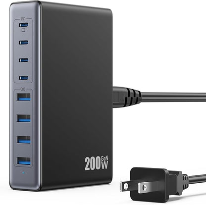 200W USB C Charger Block,GaN IV Charging Station 8 Ports,QC4.0 Fast Charging Station Hub+PD 65W USB C Laptop Charger Adapter Compatible with MacBook Air/Pro,DELL,iPhone 17/16/15,iPad,Steam Deck - Black | Wall Chargers - TrueDesk
