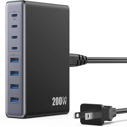 200W USB C Charger Block,GaN IV Charging Station 8 Ports,QC4.0 Fast Charging Station Hub+PD 65W USB C Laptop Charger Adapter Compatible with MacBook Air/Pro,DELL,iPhone 17/16/15,iPad,Steam Deck - Black | Wall Chargers - TrueDesk
