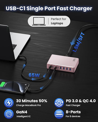 200W USB C Charger Block,GaN IV Charging Station 8 Ports,QC4.0 Fast Charging Station Hub+PD 65W USB C Laptop Charger Adapter Compatible with MacBook Air/Pro,DELL,iPhone 17/16/15,iPad,Steam Deck - Pink | Wall Chargers - TrueDesk