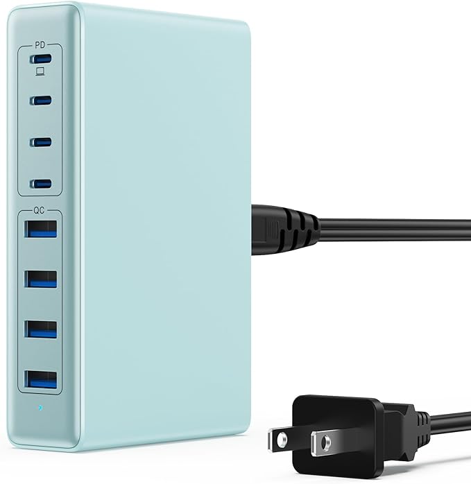 200W USB C Charger Block,GaN IV Charging Station 8 Ports,QC4.0 Fast Charging Station Hub+PD 65W USB C Laptop Charger Adapter Compatible with MacBook Air/Pro,DELL,iPhone 17/16,iPad,Steam Deck - Sky Blue | Wall Chargers - TrueDesk