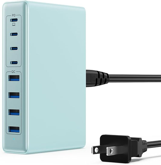 200W USB C Charger Block,GaN IV Charging Station 8 Ports,QC4.0 Fast Charging Station Hub+PD 65W USB C Laptop Charger Adapter Compatible with MacBook Air/Pro,DELL,iPhone 17/16,iPad,Steam Deck - Sky Blue | Wall Chargers - TrueDesk