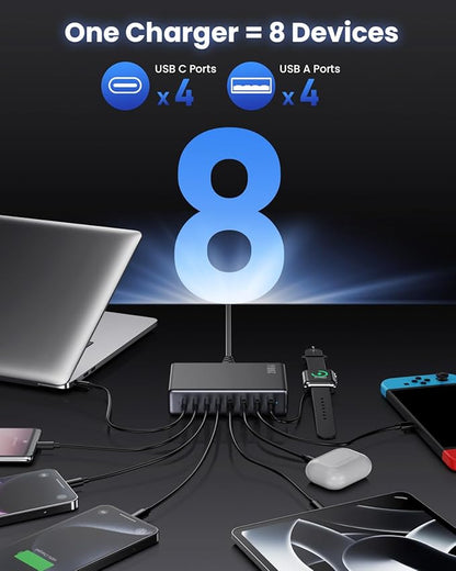 200W USB C Charger Block,GaN IV Charging Station 8 Ports,QC4.0 Fast Charging Station Hub+PD 65W USB C Laptop Charger Adapter Compatible with MacBook Air/Pro,DELL,iPhone 17/16/15,iPad,Steam Deck - Black | Wall Chargers - TrueDesk