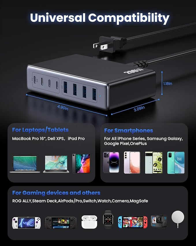 200W USB C Charger Block,GaN IV Charging Station 8 Ports,QC4.0 Fast Charging Station Hub+PD 65W USB C Laptop Charger Adapter Compatible with MacBook Air/Pro,DELL,iPhone 17/16/15,iPad,Steam Deck - Black | Wall Chargers - TrueDesk