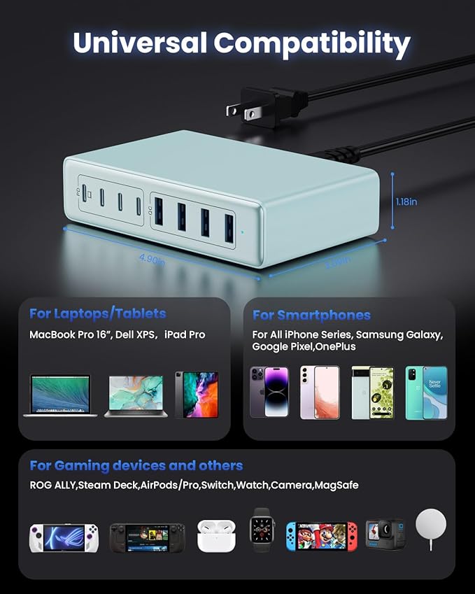 200W USB C Charger Block,GaN IV Charging Station 8 Ports,QC4.0 Fast Charging Station Hub+PD 65W USB C Laptop Charger Adapter Compatible with MacBook Air/Pro,DELL,iPhone 17/16,iPad,Steam Deck - Sky Blue | Wall Chargers - TrueDesk