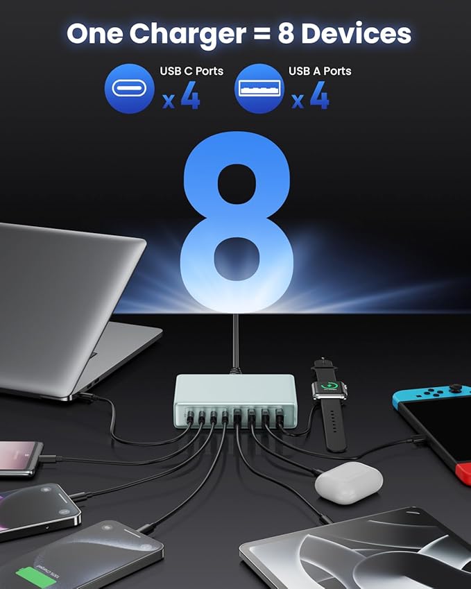 200W USB C Charger Block,GaN IV Charging Station 8 Ports,QC4.0 Fast Charging Station Hub+PD 65W USB C Laptop Charger Adapter Compatible with MacBook Air/Pro,DELL,iPhone 17/16,iPad,Steam Deck - Sky Blue | Wall Chargers - TrueDesk