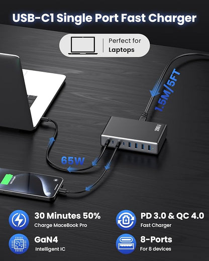 200W USB C Charger Block,GaN IV Charging Station 8 Ports,QC4.0 Fast Charging Station Hub+PD 65W USB C Laptop Charger Adapter Compatible with MacBook Air/Pro,DELL,iPhone 17/16/15,iPad,Steam Deck - Black | Wall Chargers - TrueDesk