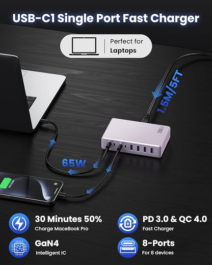 200W USB C Charger Block,GaN IV Charging Station 8 Ports,QC4.0 Fast Charging Station Hub+PD 65W USB C Laptop Charger Adapter Compatible with MacBook Air/Pro,DELL,iPhone 17/16/15,iPad,Steam Deck - Purple | Wall Chargers - TrueDesk