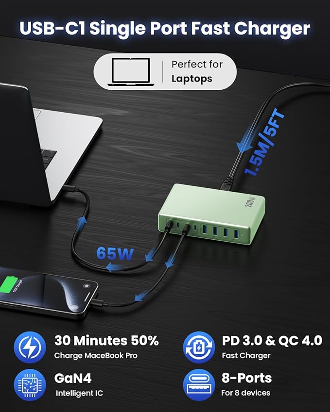 200W USB C Charger Block,GaN IV Charging Station 8 Ports,QC4.0 Fast Charging Station Hub+PD 65W USB C Laptop Charger Adapter Compatible with MacBook Air/Pro,DELL,iPhone 17/16/15,iPad,Steam Deck - Green | Wall Chargers - TrueDesk