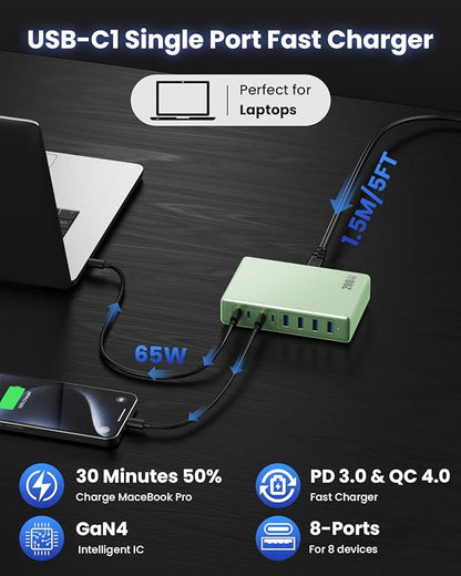200W USB C Charger Block,GaN IV Charging Station 8 Ports,QC4.0 Fast Charging Station Hub+PD 65W USB C Laptop Charger Adapter Compatible with MacBook Air/Pro,DELL,iPhone 17/16/15,iPad,Steam Deck - Green | Wall Chargers - TrueDesk