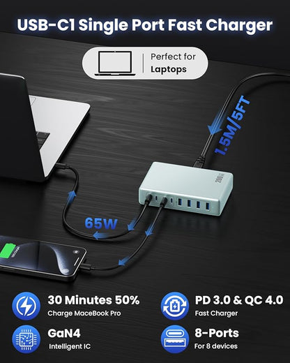 200W USB C Charger Block,GaN IV Charging Station 8 Ports,QC4.0 Fast Charging Station Hub+PD 65W USB C Laptop Charger Adapter Compatible with MacBook Air/Pro,DELL,iPhone 17/16,iPad,Steam Deck - Sky Blue | Wall Chargers - TrueDesk