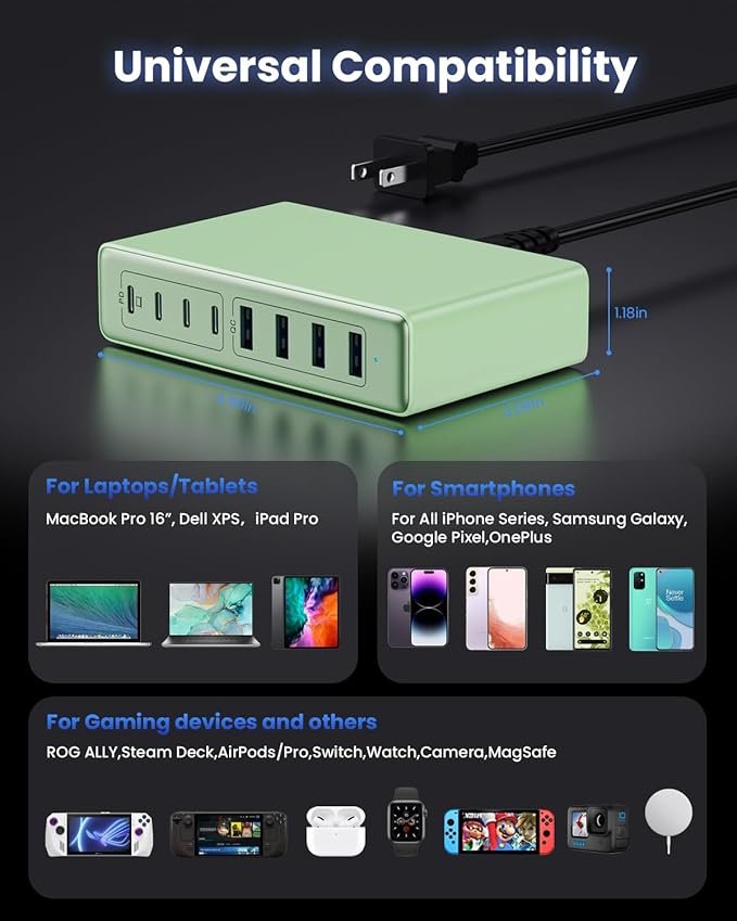 200W USB C Charger Block,GaN IV Charging Station 8 Ports,QC4.0 Fast Charging Station Hub+PD 65W USB C Laptop Charger Adapter Compatible with MacBook Air/Pro,DELL,iPhone 17/16/15,iPad,Steam Deck - Green | Wall Chargers - TrueDesk