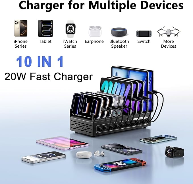 200W USB Charging Station for Multiple Devices, 10 Ports USB Fast Charger Station,Desktop Multi Charging Station Hub Compatible with Samsung/iPhone/iPad/Google Pixel/Tablets and Other USB Electronics | Charging Stations - TrueDesk