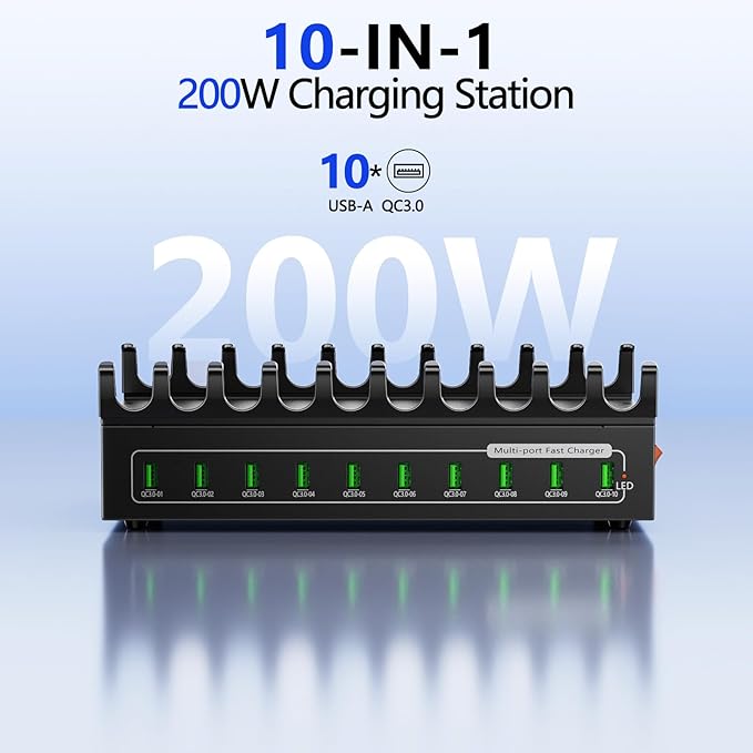 200W USB Charging Station for Multiple Devices, 10 Ports USB Fast Charger Station,Desktop Multi Charging Station Hub Compatible with Samsung/iPhone/iPad/Google Pixel/Tablets and Other USB Electronics | Charging Stations - TrueDesk